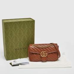 Pre Owned Gucci Brown Diagonal Quilt Leather Small GG Marmont Shoulder Bag