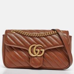 Pre Owned Gucci Brown Diagonal Quilt Leather Small GG Marmont Shoulder Bag
