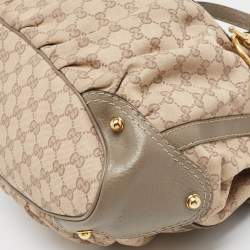 Pre Owned Gucci Grey/Beige GG Canvas and Leather Horsebit Jockey Hobo