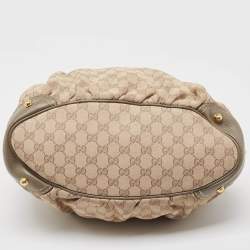 Pre Owned Gucci Grey/Beige GG Canvas and Leather Horsebit Jockey Hobo
