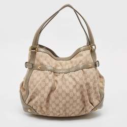 Pre Owned Gucci Grey/Beige GG Canvas and Leather Horsebit Jockey Hobo