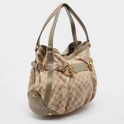 Pre Owned Gucci Grey/Beige GG Canvas and Leather Horsebit Jockey Hobo
