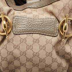 Pre Owned Gucci Grey/Beige GG Canvas and Leather Horsebit Jockey Hobo