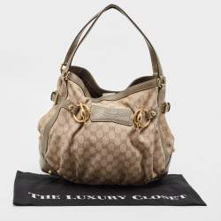 Pre Owned Gucci Grey/Beige GG Canvas and Leather Horsebit Jockey Hobo