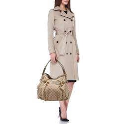 Pre Owned Gucci Grey/Beige GG Canvas and Leather Horsebit Jockey Hobo