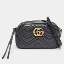 Pre Owned Gucci Black Matelassé Leather Small GG Marmont Shoulder Bag