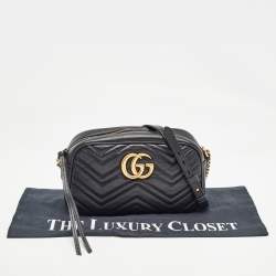 Pre Owned Gucci Black Matelassé Leather Small GG Marmont Shoulder Bag