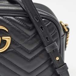 Pre Owned Gucci Black Matelassé Leather Small GG Marmont Shoulder Bag