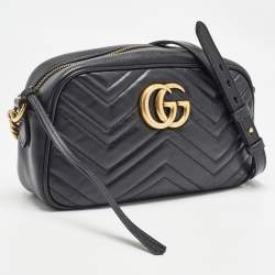 Pre Owned Gucci Black Matelassé Leather Small GG Marmont Shoulder Bag