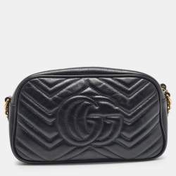 Pre Owned Gucci Black Matelassé Leather Small GG Marmont Shoulder Bag