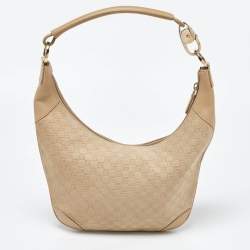 Pre Owned Gucci Beige GG Suede and Leather Hobo