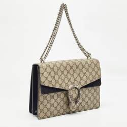 Pre Owned Gucci Black/Beige GG Supreme Canvas and Suede Medium Dionysus Shoulder Bag