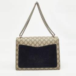 Pre Owned Gucci Black/Beige GG Supreme Canvas and Suede Medium Dionysus Shoulder Bag