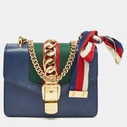 Pre Owned Gucci Blue Leather Mini Web Chain Sylvie Crossbody Bag