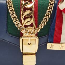 Pre Owned Gucci Blue Leather Mini Web Chain Sylvie Crossbody Bag