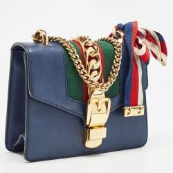 Pre Owned Gucci Blue Leather Mini Web Chain Sylvie Crossbody Bag