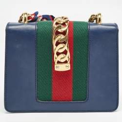 Pre Owned Gucci Blue Leather Mini Web Chain Sylvie Crossbody Bag