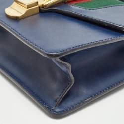 Pre Owned Gucci Blue Leather Mini Web Chain Sylvie Crossbody Bag