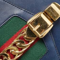 Pre Owned Gucci Blue Leather Mini Web Chain Sylvie Crossbody Bag