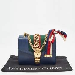 Pre Owned Gucci Blue Leather Mini Web Chain Sylvie Crossbody Bag