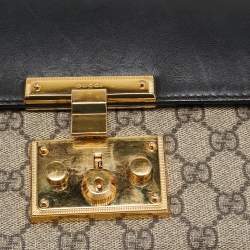Pre Owned Gucci Beige/Black GG Supreme Canvas and Leather Medium Padlock Shoulder Bag