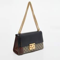 Pre Owned Gucci Beige/Black GG Supreme Canvas and Leather Medium Padlock Shoulder Bag