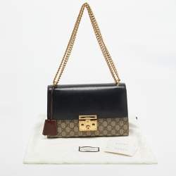 Pre Owned Gucci Beige/Black GG Supreme Canvas and Leather Medium Padlock Shoulder Bag