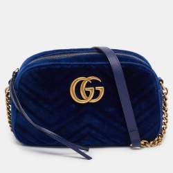 Pre Owned Gucci Blue Matelassé Velvet Leather Small GG Marmont Camera Bag