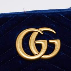 Pre Owned Gucci Blue Matelassé Velvet Leather Small GG Marmont Camera Bag