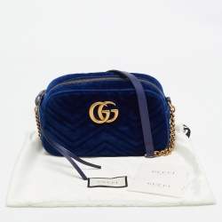 Pre Owned Gucci Blue Matelassé Velvet Leather Small GG Marmont Camera Bag