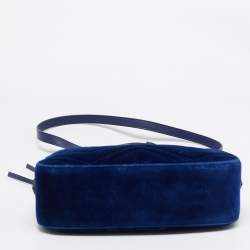 Pre Owned Gucci Blue Matelassé Velvet Leather Small GG Marmont Camera Bag
