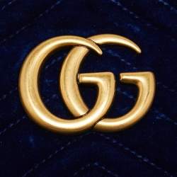 Pre Owned Gucci Blue Matelassé Velvet Leather Small GG Marmont Camera Bag