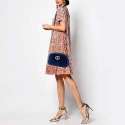 Pre Owned Gucci Blue Matelassé Velvet Leather Small GG Marmont Camera Bag