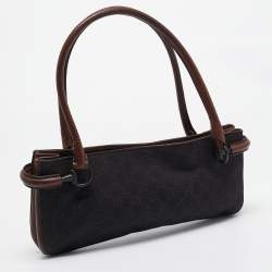 Pre Owned Gucci Dark Brown GG Canvas and Leather East West Horsebit Tote