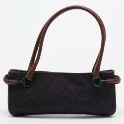 Pre Owned Gucci Dark Brown GG Canvas and Leather East West Horsebit Tote