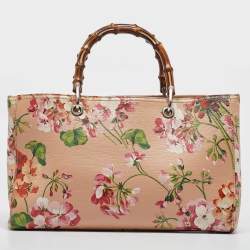 Pre Owned Gucci Peach Leather Medium Blooms Bamboo Shopper Tote