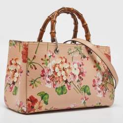 Pre Owned Gucci Peach Leather Medium Blooms Bamboo Shopper Tote