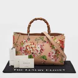 Pre Owned Gucci Peach Leather Medium Blooms Bamboo Shopper Tote