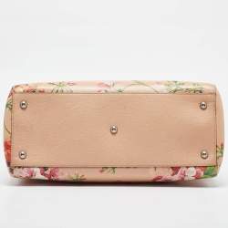Pre Owned Gucci Peach Leather Medium Blooms Bamboo Shopper Tote