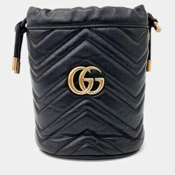 Gucci Black Calfskin Matelasse Mini GG Marmont Bucket Bag