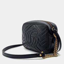 Pre Owned Gucci Black Calfskin Matelasse Mini GG Marmont Camera Crossbody Bag