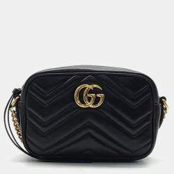 Pre Owned Gucci Black Calfskin Matelasse Mini GG Marmont Camera Crossbody Bag
