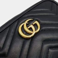 Pre Owned Gucci Black Calfskin Matelasse Mini GG Marmont Camera Crossbody Bag