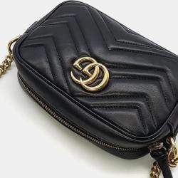 Pre Owned Gucci Black Calfskin Matelasse Mini GG Marmont Camera Crossbody Bag