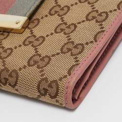 Gucci Pink/Beige GG Canvas and Leather Web Flap Continental Wallet