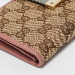 Gucci Pink/Beige GG Canvas and Leather Web Flap Continental Wallet