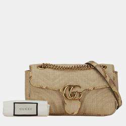 Pre Owned Gucci Beige Matelasse Raffia with Snakeskin Small GG Marmont Flap Bag 