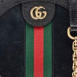Pre Owned Gucci Black Leather and Suede Mini Web Ophidia Round Shoulder Bag