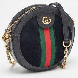 Pre Owned Gucci Black Leather and Suede Mini Web Ophidia Round Shoulder Bag