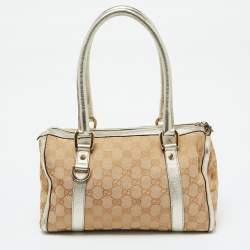 Pre Owned Gucci Beige/Gold GG Canvas and  Leather Small Abbey Boston Bag